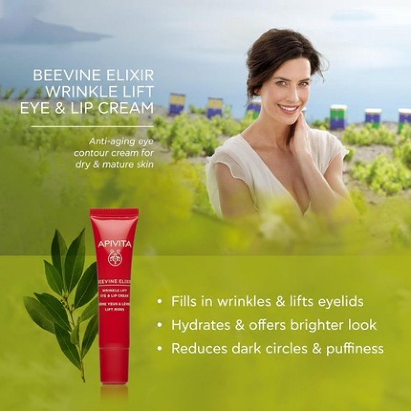 Apivita Beevine Elixir Wrinkle Lift Eye & Lip Cream with Polyphenols, Marine Biotech Active & Goji Berry 0.51 oz