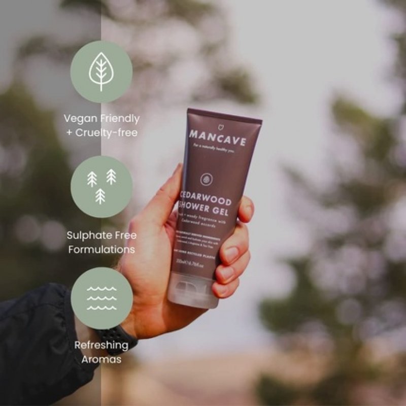 ManCave Cedarwood Shower Gel for Men 200ml - Natural Formulation with Fresh Wood Aroma - Vegan Friendly - Tube made