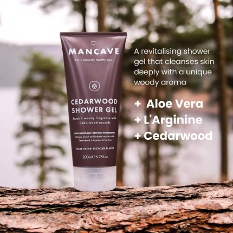 ManCave Cedarwood Shower Gel for Men 200ml - Natural Formulation with Fresh Wood Aroma - Vegan Friendly - Tube made