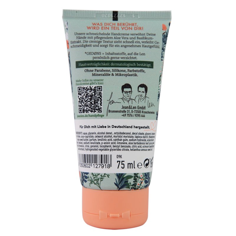 Jean & Len Soothing Hand Cream Aloe Vera & Basil, Intensive Care for Normal to Dry Hands - Tube 75ml