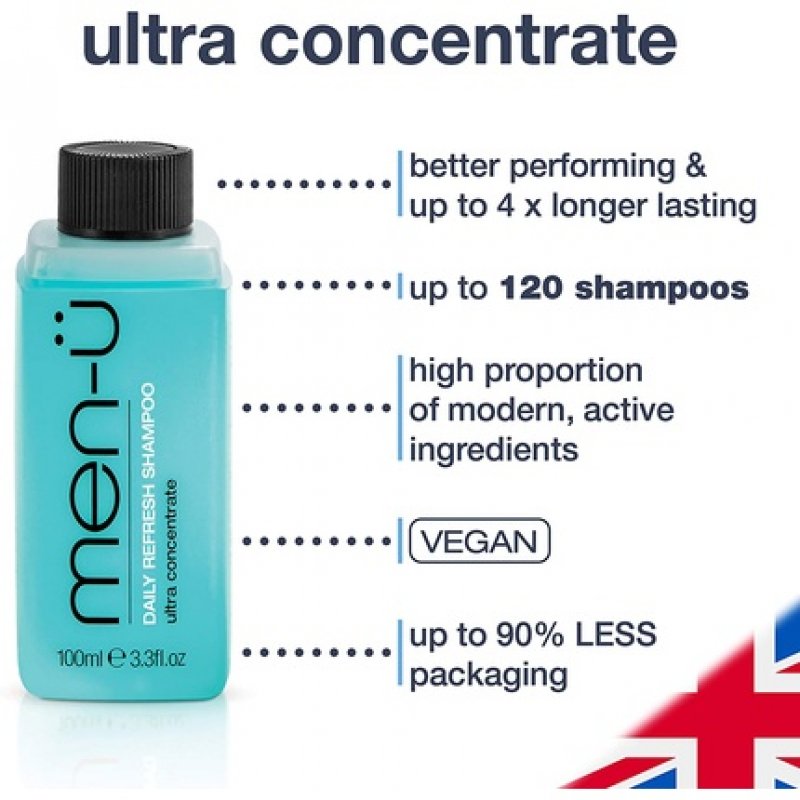 men-u Daily Refresh Shampoo for Men Ultra-Concentrate Formula 100ml - Up to 120 Shampoos with Pump