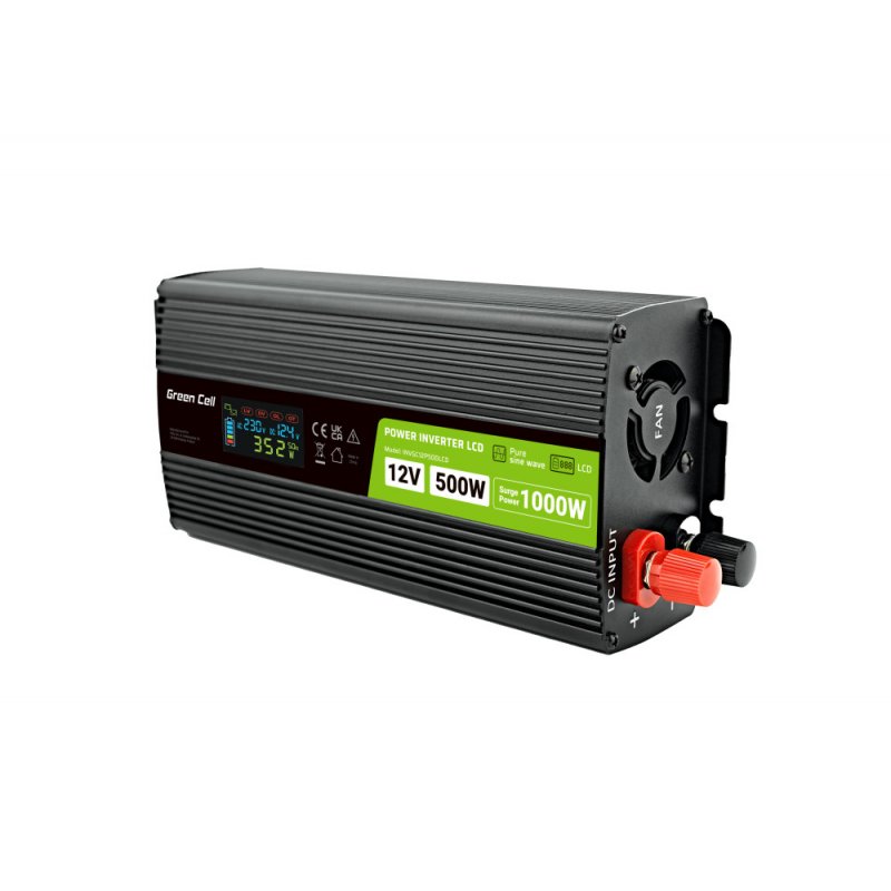Green Cell Przetwornica napicia PowerInverter LCD 12 V 500W/1000W Przetwornica samochodowa z wywietlaczem - czysty
