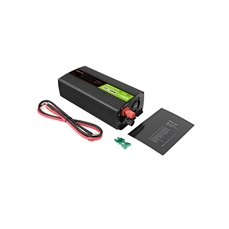 Green Cell Przetwornica napicia PowerInverter LCD 12 V 500W/1000W Przetwornica samochodowa z wywietlaczem - czysty