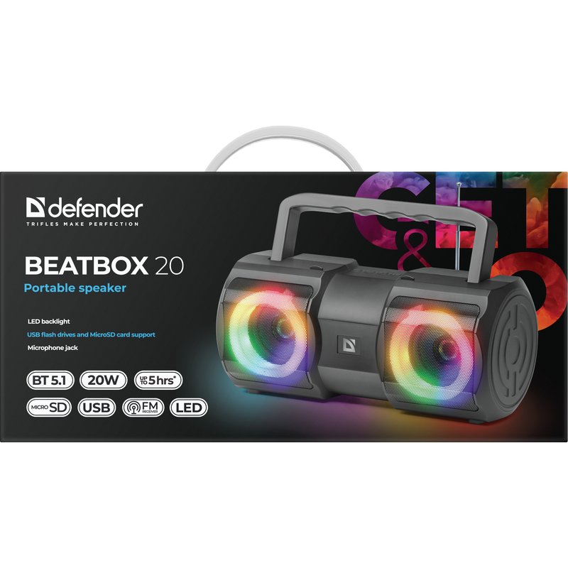 SPEAKER DEFENDER BEATBOX 20 BLUETOOTH 20W LIGHT/BT/MIC/FM/USB/TF