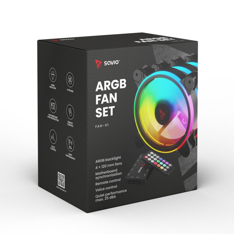 Savio FAN-01 4-pack 120mm ARGB fan including controller and remote control Computer case Black