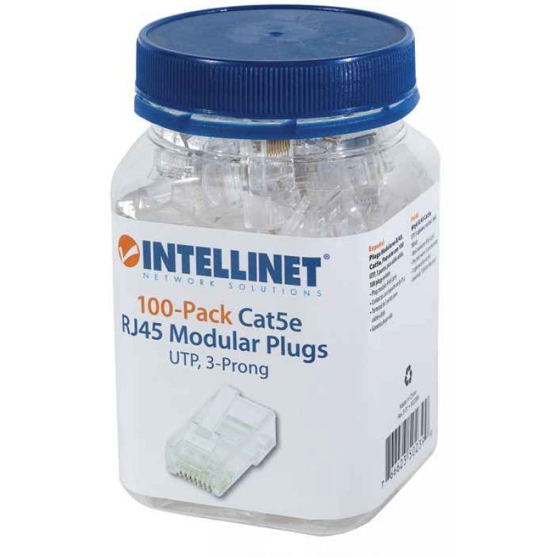 Intellinet RJ45 Modular Plugs Cat5e UTP 3-prong for solid wire 15 µ gold plated contacts 100 pack