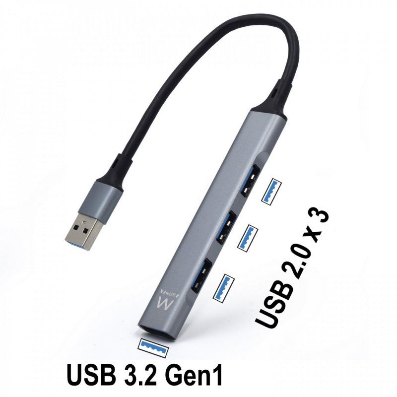 Ewent EW1144 hub & concentrateur USB 3.2 Gen 1 (3.1 Gen 1) Type-A 5000 Mbit/s Gris, Argent