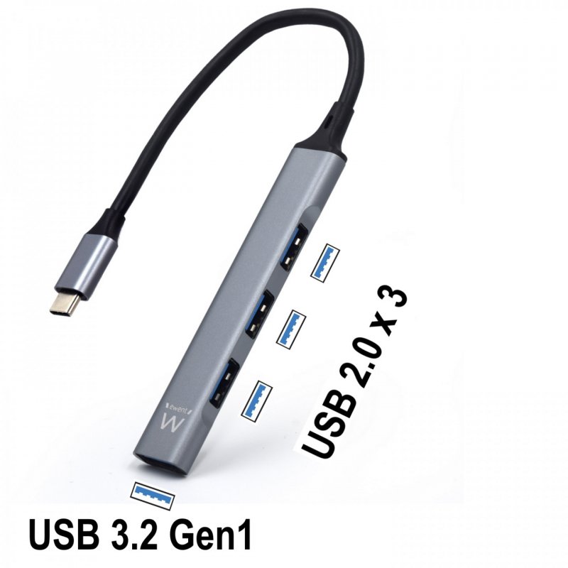 Ewent EW1145 hub & concentrateur USB 3.2 Gen 1 (3.1 Gen 1) Type-C 5000 Mbit/s Gris, Argent