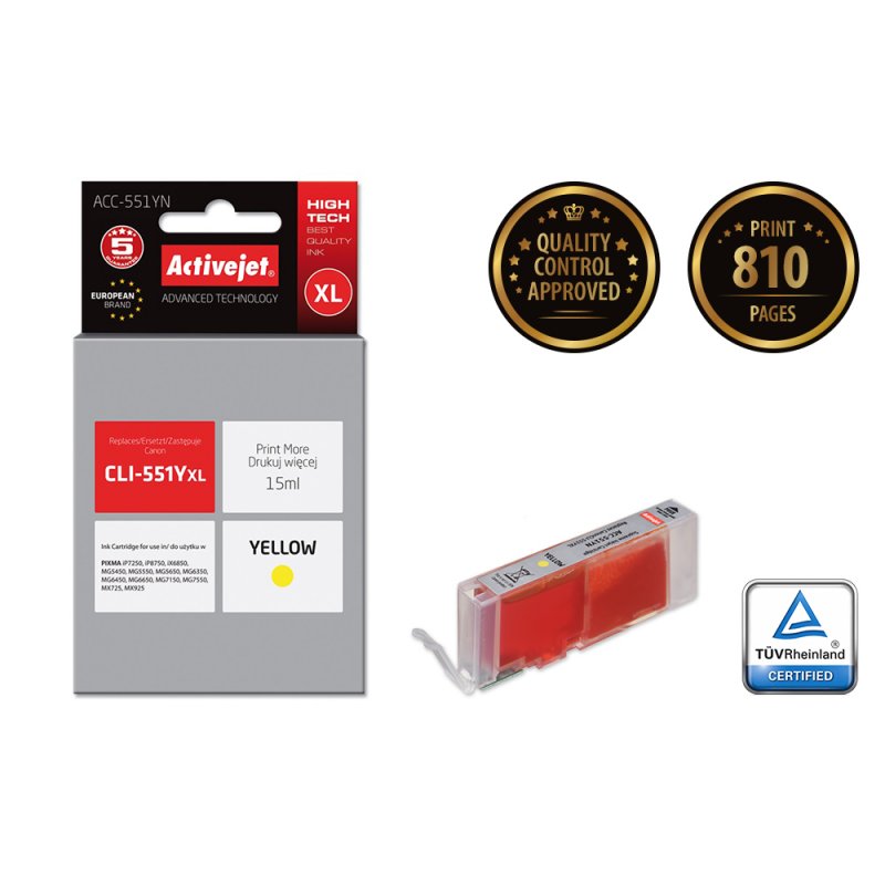 Activejet ACC-551YN ink (replacement for Canon CLI-551Y Supreme 15 ml yellow)