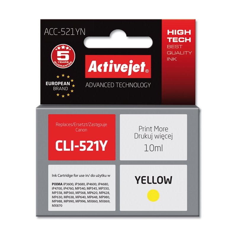 Activejet ACC-521YN Ink cartridge (replacement for Canon CLI-521Y Supreme 10 ml yellow)