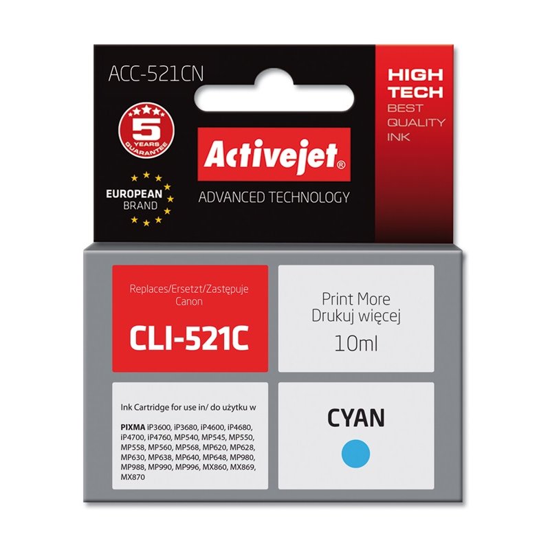 Activejet Encre ACC-521CN (Canon CLI-521C remplacement Suprême 10 ml bleu)