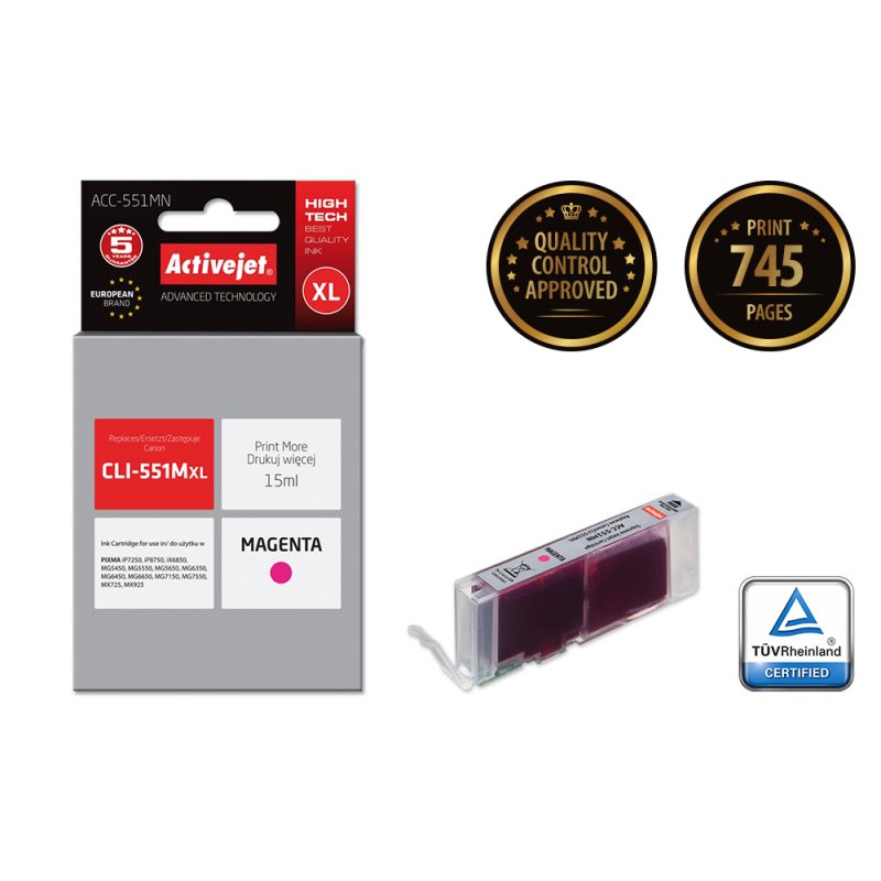 Activejet Encre ACC-551MN (remplacement Canon CLI-551M Suprême 15 ml rouge)
