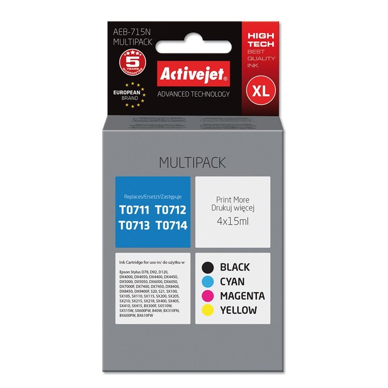 Activejet Encre AEB-715N (remplacement Epson T0715 Suprême 4 x 15 ml noir, rouge, bleu, jaune)