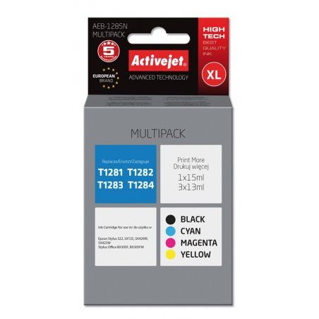 Activejet Encre AEB-1285N (remplacement Epson T1281, T1282, T1283, T1284 Suprême 1 x 15 ml, 3 x 13 ml noir, rouge,