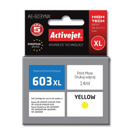 Activejet Encre AE-603YNX (remplacement Epson 603XL T03A44 Suprême 14 ml jaune)