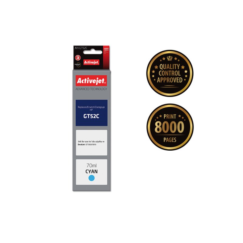 Activejet Encre AH-GT52C (remplacement HP GT52C M0H54AE Suprême 70 ml bleu)