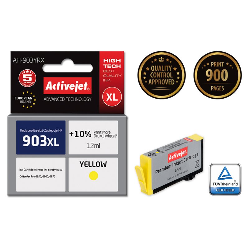 Activejet Encre AH-903YRX (remplacement HP 903XL T6M11AE Premium 12 ml jaune)