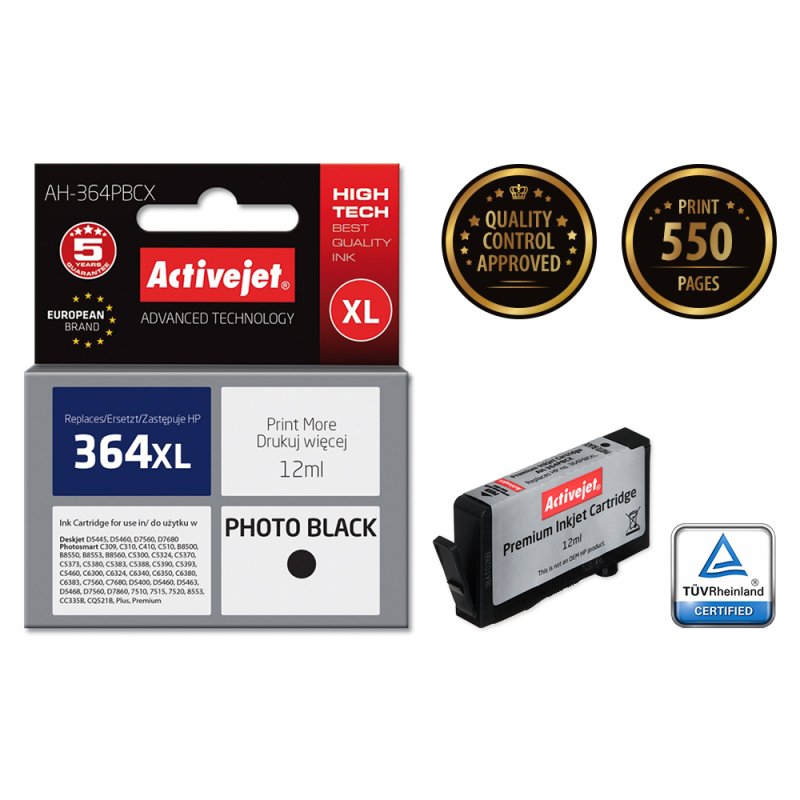 Activejet AH-364PBCX HP Printer Ink Compatible with HP 364XL CB322EE Premium 12 ml black photo.