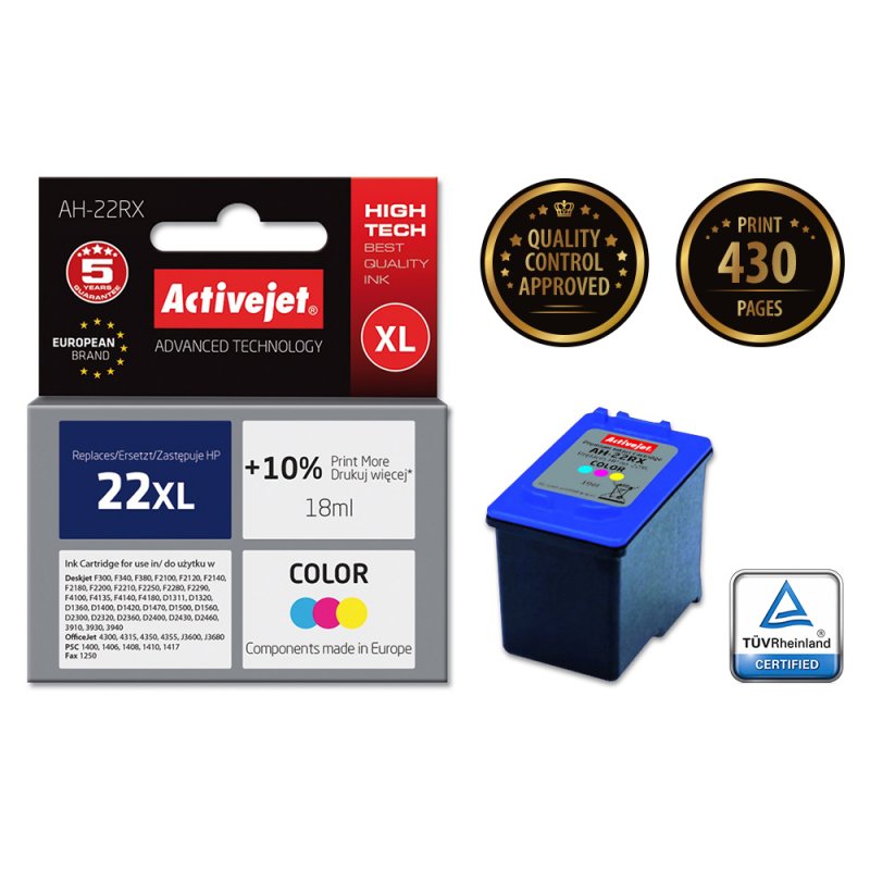 Activejet Encre AH-22RX (remplacement HP 22XL C9352A Premium 18 ml couleur)