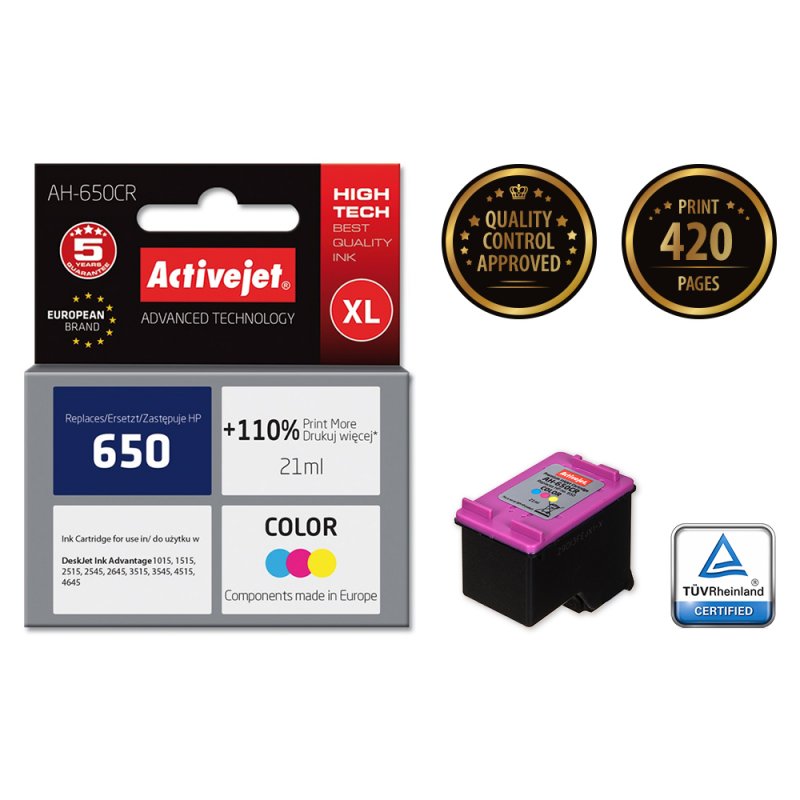 Activejet Encre AH-650CR (remplacement HP 650 CZ102AE Premium 21 ml couleur)
