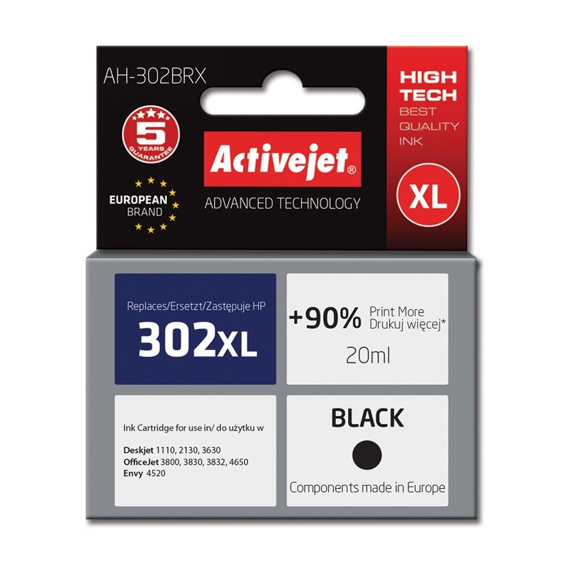 Activejet Encre AH-302BRX (remplacement HP 302XL F6U68AE Premium 20 ml noir)
