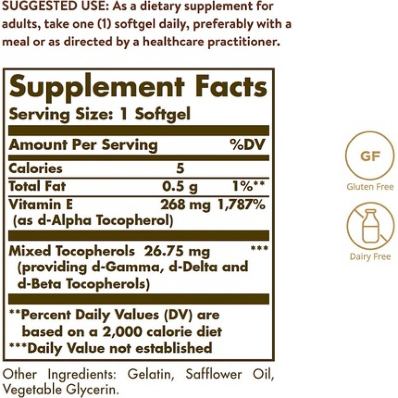 Solgar Natural Source Vitamin E 268mg Softgels - Protects Cells From Oxidative Stress - Immune System Support - Vegan