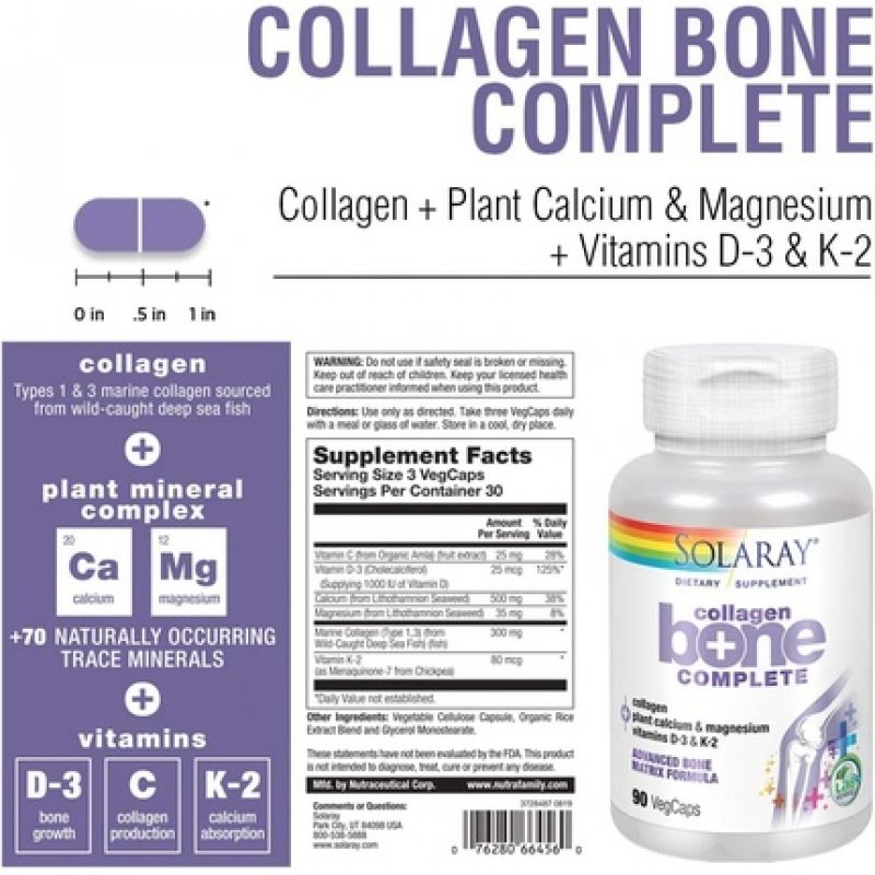 Solaray Collagen Bone Complete Advanced Bone Matrix Formula with Plant Calcium and Magnesium 90 VegCaps