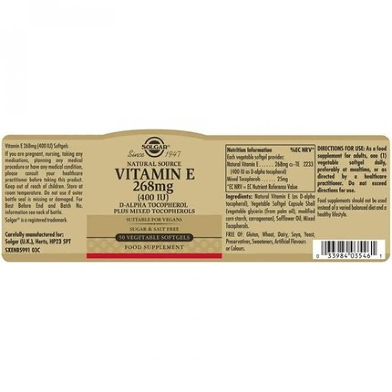 Solgar Natural Source Vitamin E 268mg Vegetable Softgels 50 Count