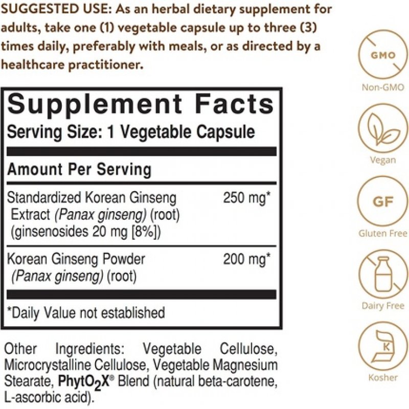 Solgar Korean Ginseng Root Extract Vegetable Capsules - Supports Energy and Vitality for Improved Concentration - Vegan