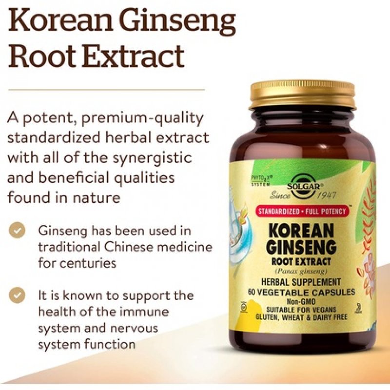 Solgar Korean Ginseng Root Extract Vegetable Capsules - Supports Energy and Vitality for Improved Concentration - Vegan