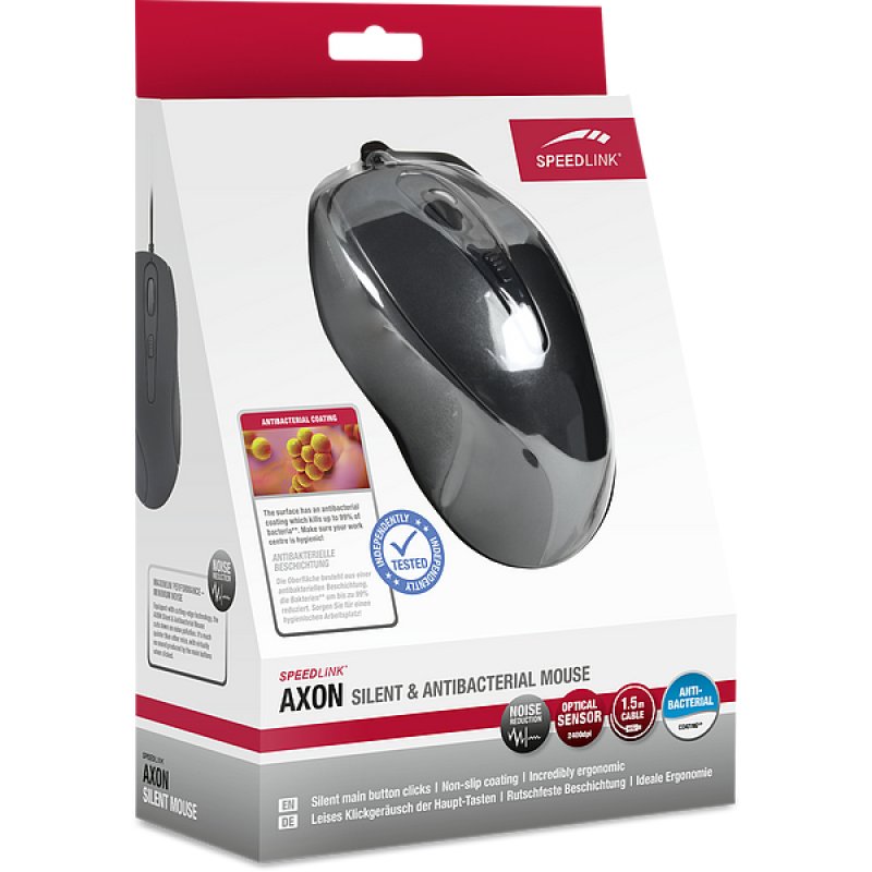 Speedlink AXON Leise & Antibakterielle Mouse, 5 Tasten, USB- Anschluss, Bis zu 2.400 dpi Auflösung, Treiberlose