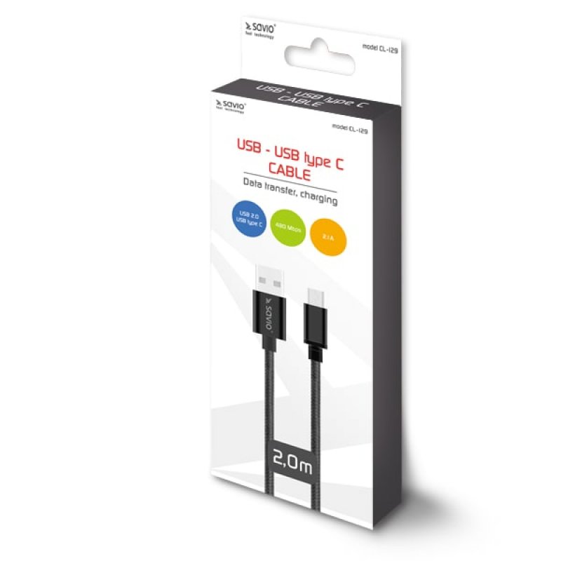 Savio CL-129 USB cable 2 m USB 2.0 USB A USB C Black