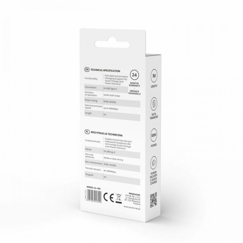 Savio CL-159 câble USB 1 m USB 2.0 USB C Noir