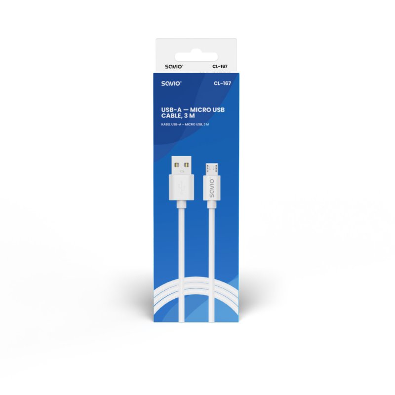 Savio USB cable 3 m USB 2.0 USB A - Micro USB White CL-167 câble USB Micro-USB A Blanc