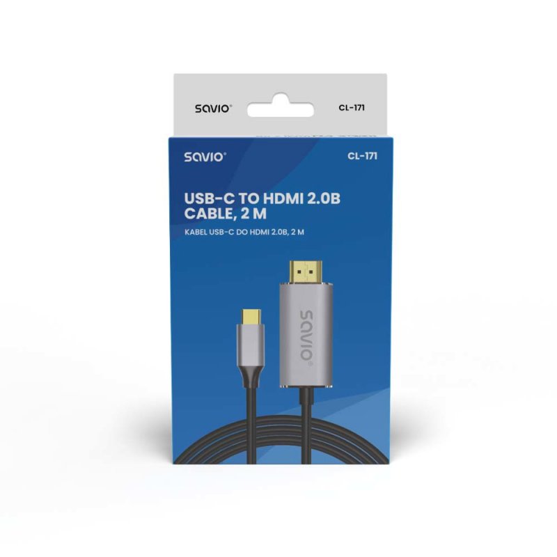 Savio USB-C to HDMI 2.0B cable 2m silver / black gold tips CL-171 câble HDMI USB C HDMI Type A (Standard) Noir