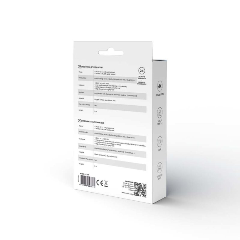 USB-C to HDMI 2.0B cable 2m silver / black gold tips SAVIO CL-171