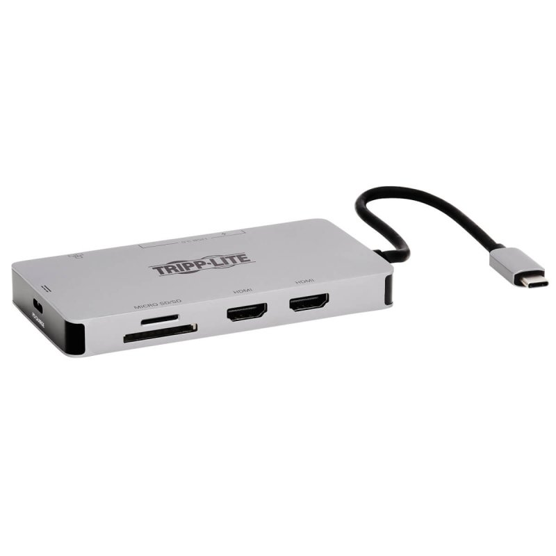 Tripp Lite U442-DOCK8G-GG USB-C Dock, Dual Display - 4K 60 Hz HDMI, USB 3.x (5Gbps) Hub Ports, GbE, Memory Card, 100W