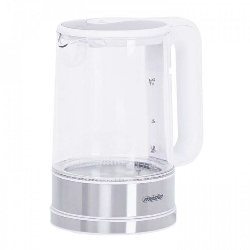 Mesko Home MS 1301W bouilloire 1,7 L 2200 W Acier inoxydable, Transparent, Blanc