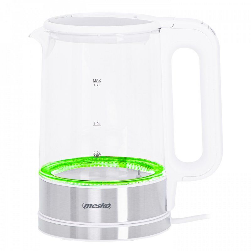Mesko Home MS 1301W bouilloire 1,7 L 2200 W Acier inoxydable, Transparent, Blanc