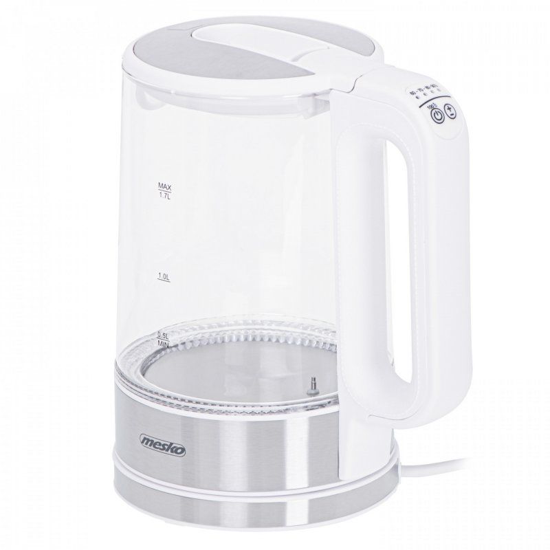 Mesko Home MS 1301W bouilloire 1,7 L 2200 W Acier inoxydable, Transparent, Blanc