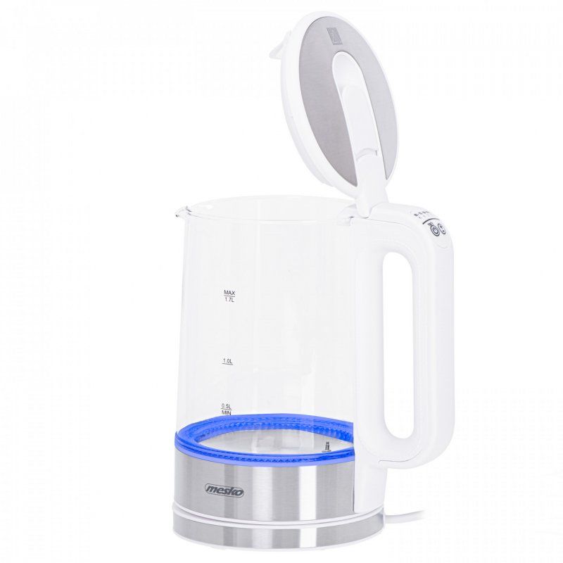 Mesko Home MS 1301W bouilloire 1,7 L 2200 W Acier inoxydable, Transparent, Blanc