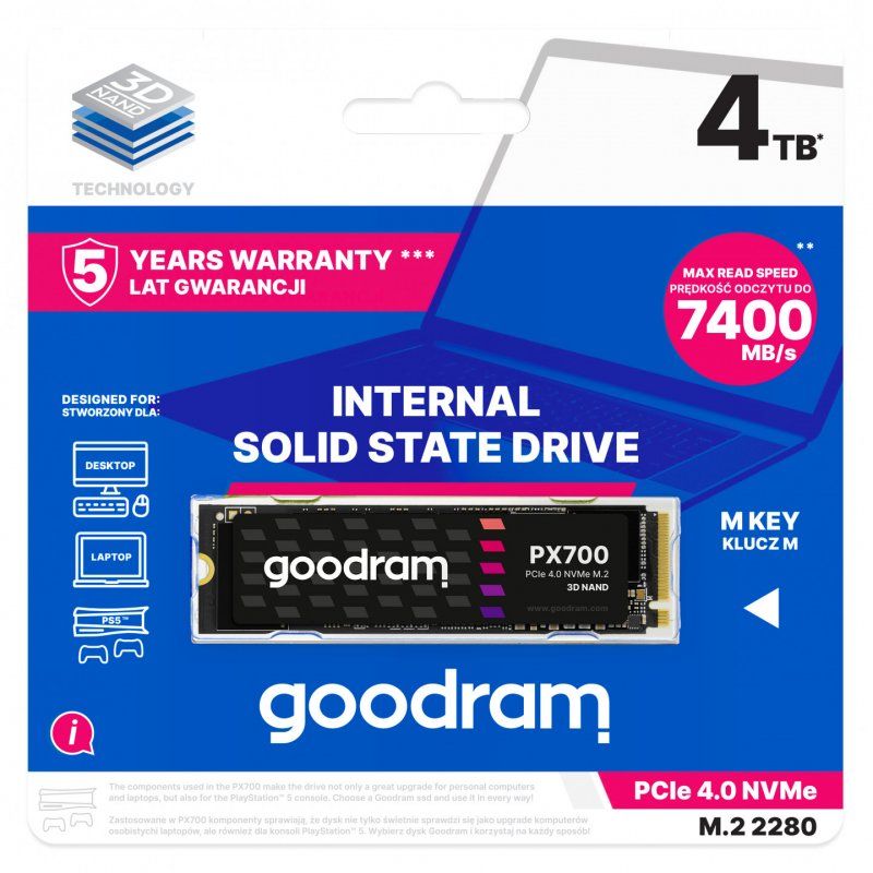 Goodram PX700 SSD SSDPR-PX700-04T-80 internal solid state drive M.2 4.1 TB PCI Express 4.0 3D NAND NVMe