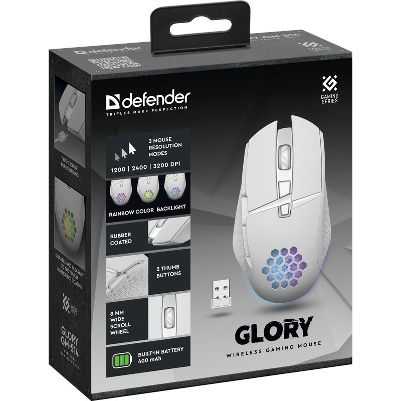 MOUSE DEFENDER GM-514 GLORY OPTIC RF RGB 3200dpi 7P WHITE