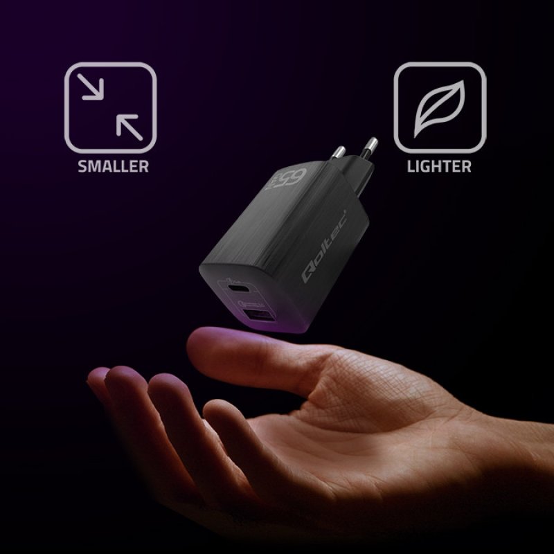 Qoltec 50766 mobile device charger Laptop Portable gaming console Power bank Smartphone Smartwatch Tablet Black AC