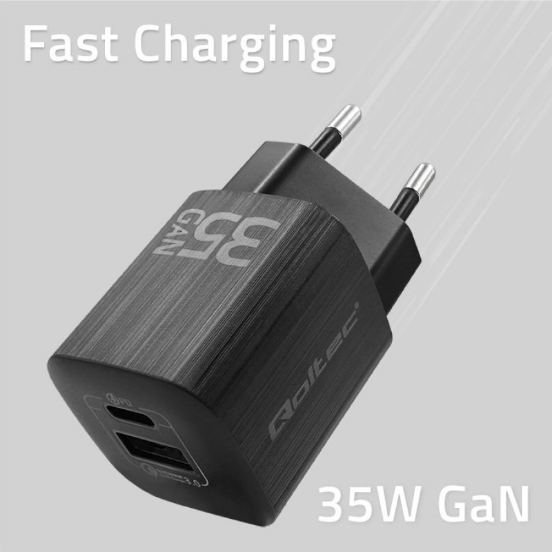 Qoltec 50764 mobile device charger Laptop Portable gaming console Power bank Smartphone Smartwatch Tablet Black AC