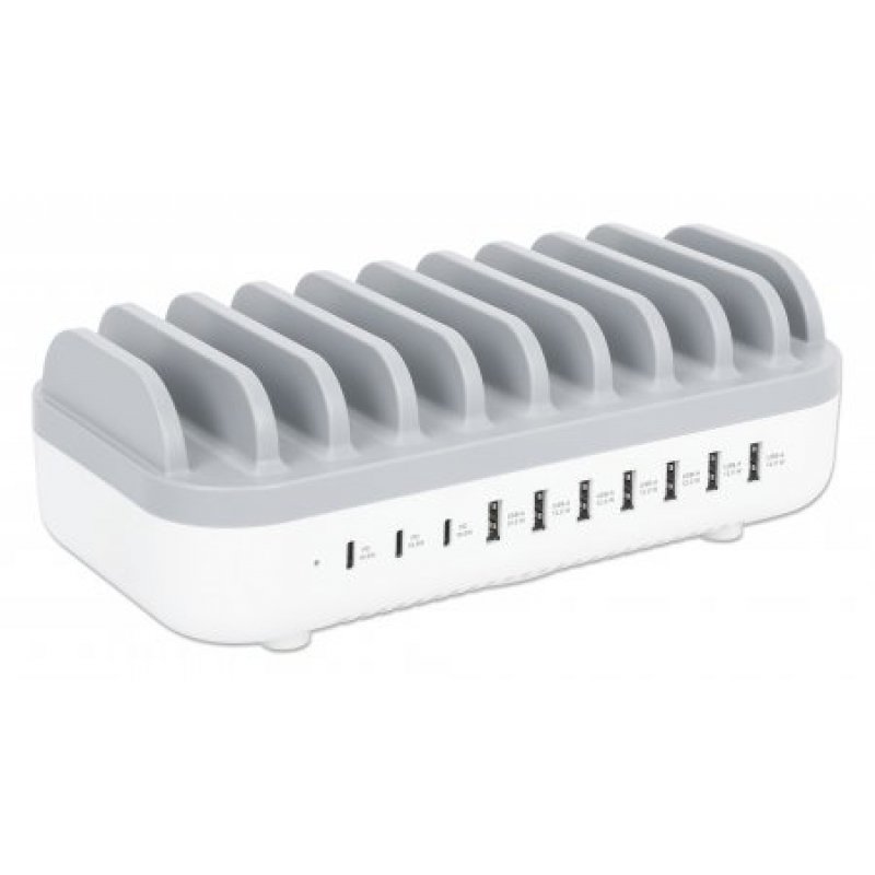 Manhattan Charging Station 10x Ports: 3x USB-C (up to 18W PD) and 7x USB-A (up to 12W) 120W Total Output White/Grey 
