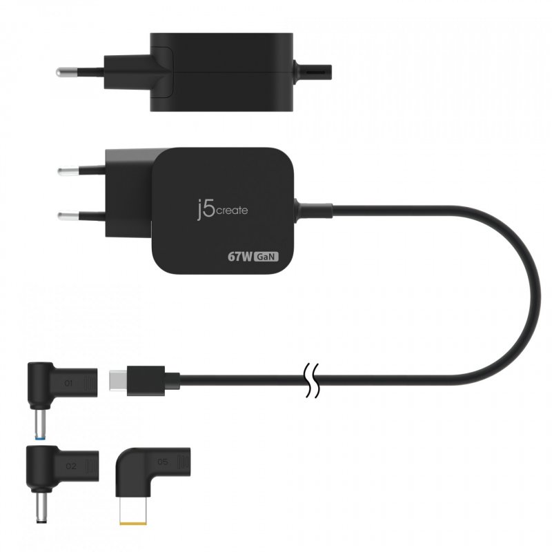 j5create JUP1565DCE3A-EN 67W GaN PD USB-C® Mini Charger with 3 Types of DC Connector - EU