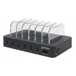 Manhattan Charging Station 6x USB-A Ports Outputs: 6x 2.4A Smart IC LED Indicator Lights Black Three Year