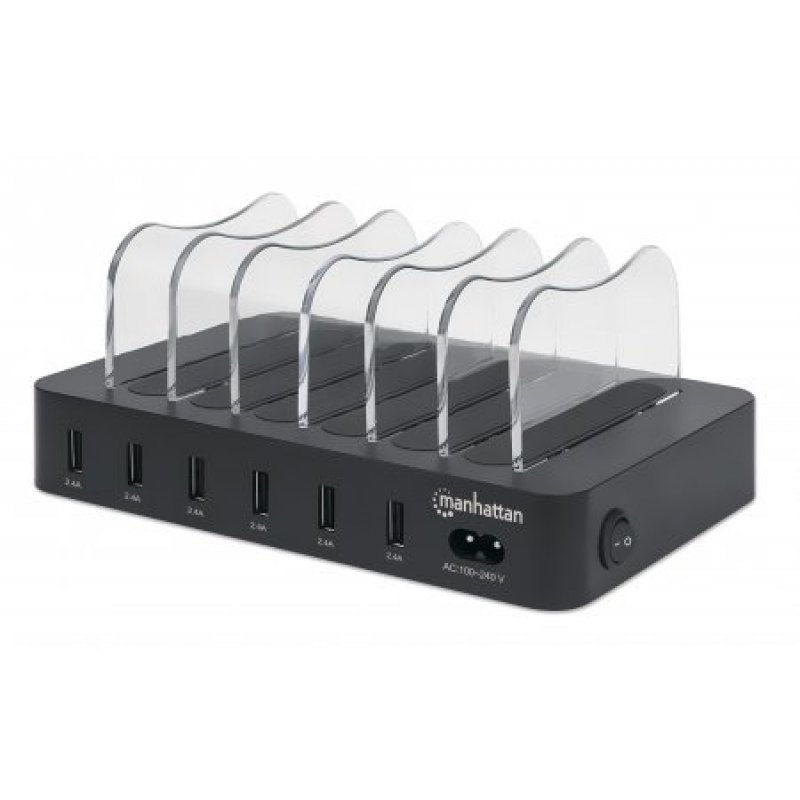 Manhattan Charging Station 6x USB-A Ports Outputs: 6x 2.4A Smart IC LED Indicator Lights Black Three Year