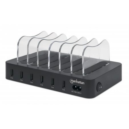 Manhattan Charging Station 6x USB-A Ports Outputs: 6x 2.4A Smart IC LED Indicator Lights Black Three Year